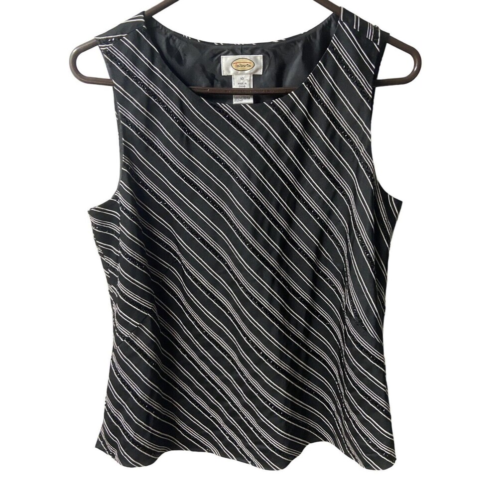 Talbots Silk Blend Tank Top Womens Size 10 Black White Beaded Dressy Night Out